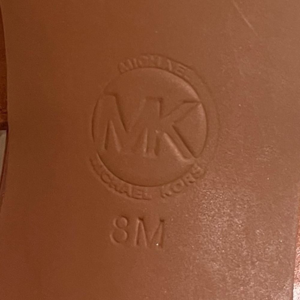 Michael Kors Brown Leather Platform Heels Size 8 Gold MK Logo - Picture 7 of 7